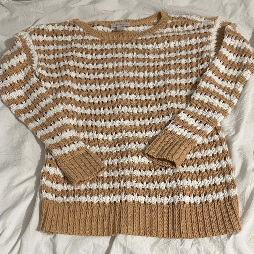 LOFT XS Petite Striped Tan and White Women's Sweater
